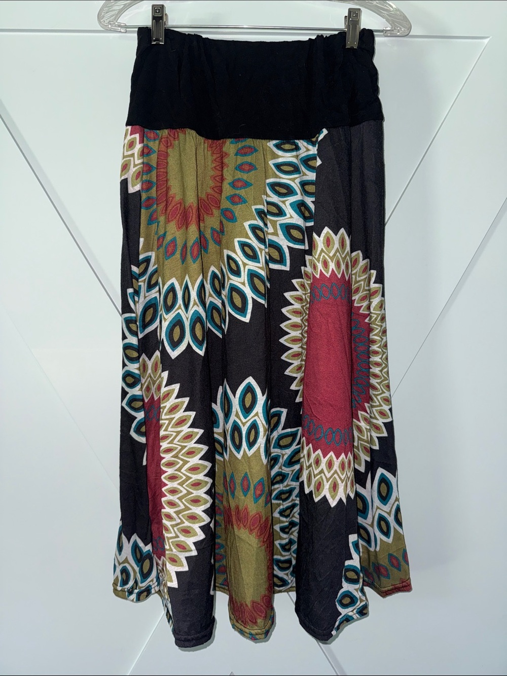 Black Maxi Skirt with Red and Olive Medallion Print